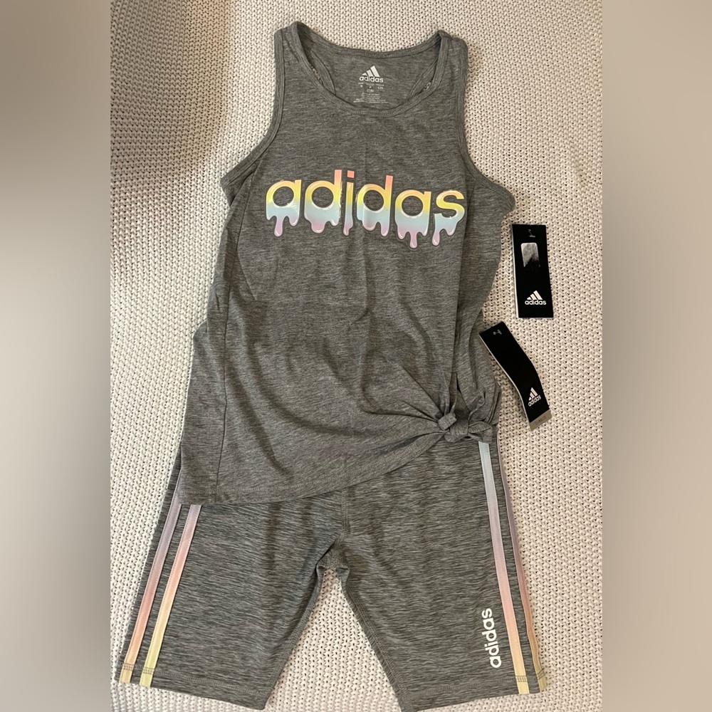 NWT - Adidas Girls 2PC Tank Top & Biker Shorts Outfit (Grey) - Size 7/8